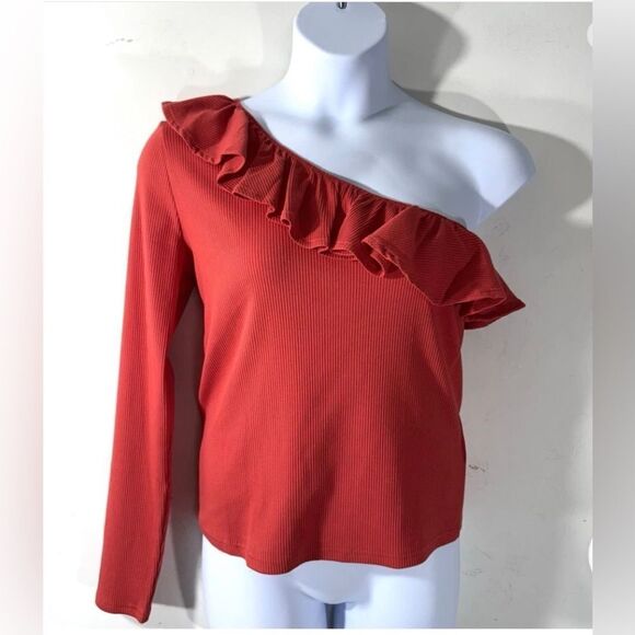 NWT J Crew One-Shoulder Ruffle Neck Top Vintage Ribbed Wolfberry Orange - M - Picture 1 of 11